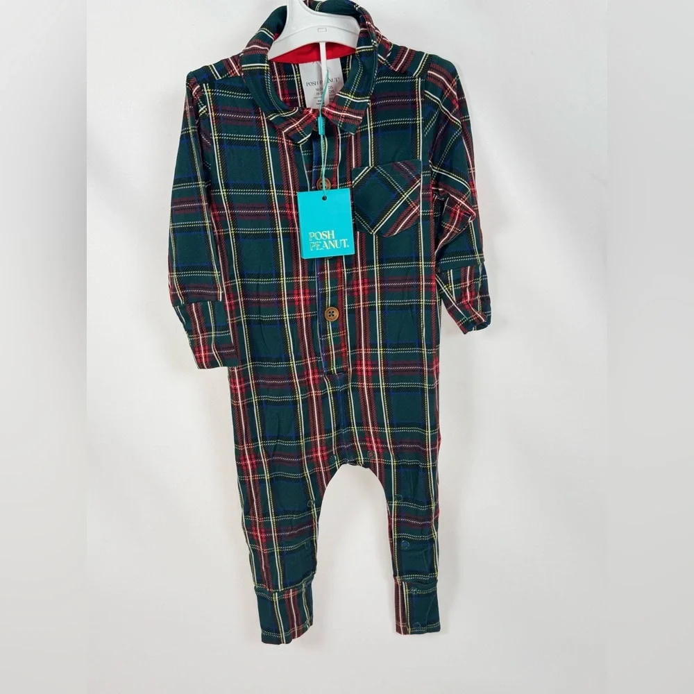 Posh Peanut Bamboo Collared Henley Romper‎ Green Tartan Plaid New Sz 18-24 m